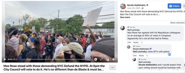 A screenshot of Rep. Nicole Malliotakis' Facebook posting in June 2020 accusing Max Rose of supporting the "defund the police" movement.